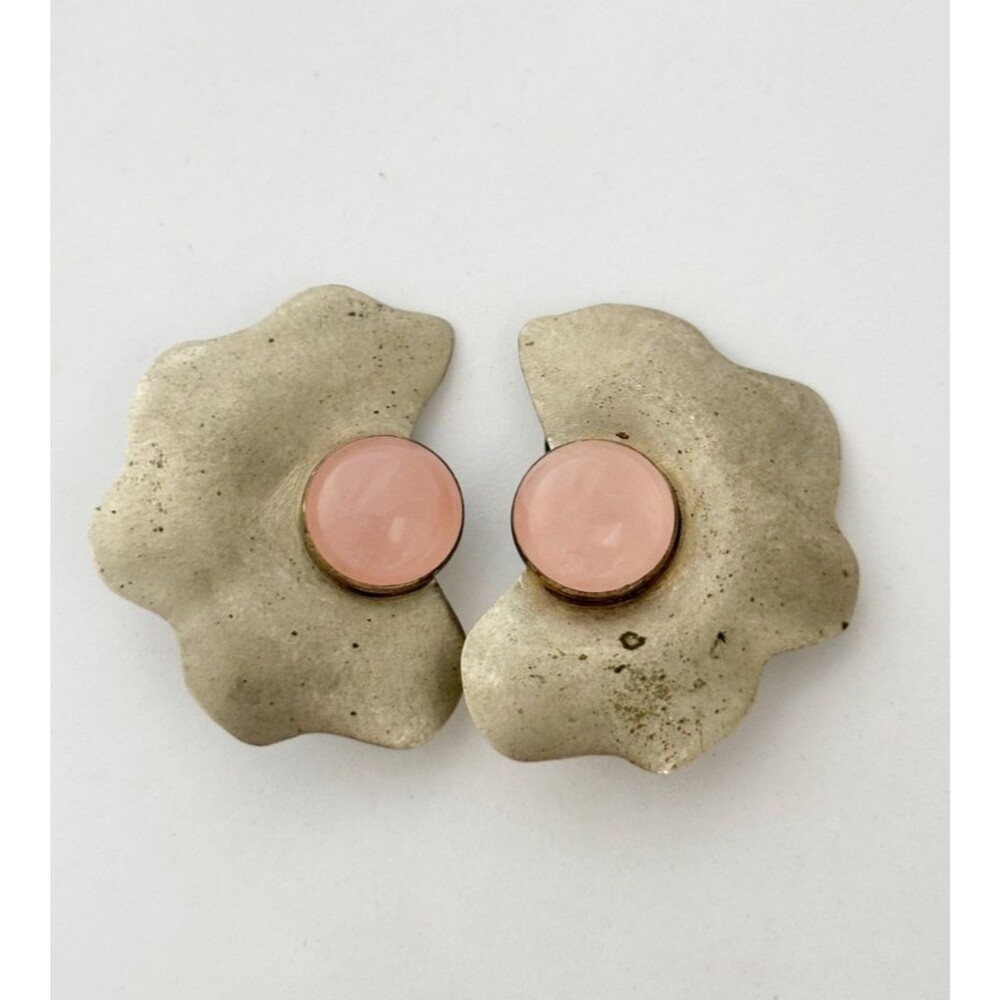 Vintage Silver Tone Earrings Oversized Sculptural Rose Quartz clip on Bold